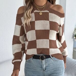 Brown and Cream Off-the-Shoulder Sweater